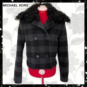 Michael Kors Gray and Black Plaid Wool Jacket with Detachable Fur Collar S